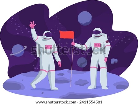 Two astronauts holding flag on moon, space exploration. Cartoon cosmonauts on lunar surface with planets vector illustration.