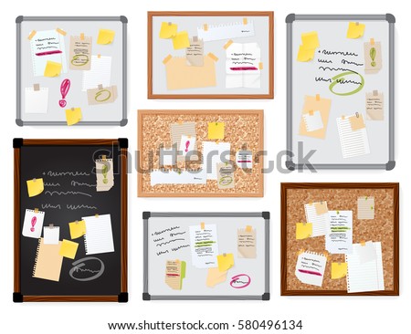 Sticker notes pined on board vector illustration. Foto d'archivio © 
