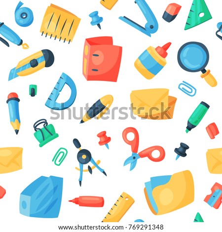 Stationery icons office supply vectorschool tools and accessories set education assortment pencil marker pen isolated on white background seamless pattern background