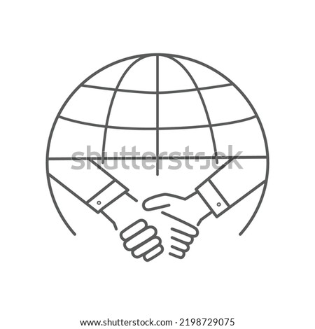 international deal icon, partner handshake, global trade, thin line web symbol on white background - editable stroke vector illustration eps10.