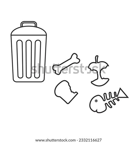 Trash bin full of garbage heap on white background. Waste can with organic refuses, rubbish, food scraps. basket filled with mixed junk, leftovers pile. Vector illustration EPS 10. Editable stroke.