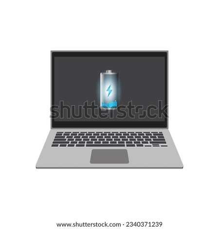 Laptop computer with charging battery icon on screen, flat vector illustration EPS 10.