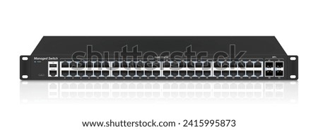 Professional network industrial gigabit switch isolated on white background with SFP ports, poe port, RJ45 Modular plugs for solid Cat5, Cat5e, CAT6 Ethernet Cable connecters.  Vector illustration.