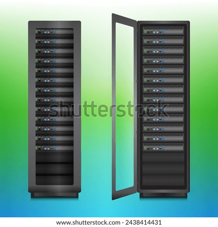 Server rack stand opened and closed, over color background. 3D Vector Illustrator.