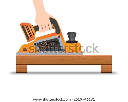 Hands holding electric planer vector illustration on white background.
Construction and building concept.