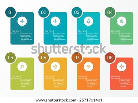 8 options business infographic template, group of eight rounded corner rectangular, with number in circle frame at the top left