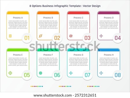 8 options business infographic template, theme of rounded edge rectangular frame, with number on circle frame at the bottom right corner