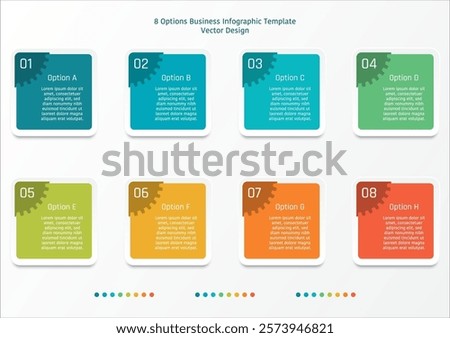 8 options business infographic template, rounded edge square frame with part of gear shape at the top left corner