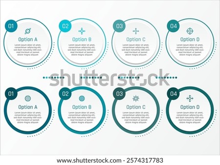 2 sets of 4 options business infographic template, theme of simple circle frame with dot line, as well as number and symbols