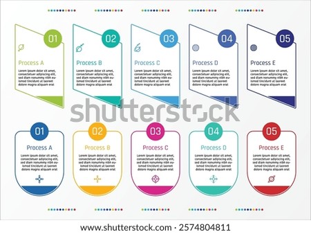 2 sets of 5 options business infographic template, shield and parallelogram shapes with text frame, number and symbols