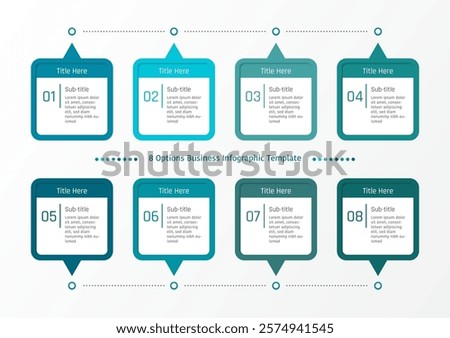 8 options business infographic template, theme of rounded corner square speech bubble, with number and text frame