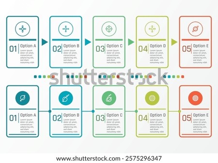 2 sets of 5 options business infographic template, simple flat rectangular frame with specific symbols in circle