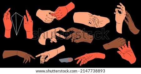 Big set of Colorful Hands in different gestures. Illustration on different types of interlocking hands between pairs or couples.Hand drawn vector illustration isolated on black background.