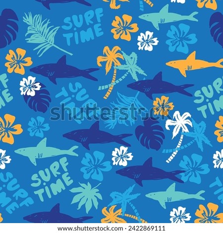 Tropical summer seamless pattern.Palm leaf, flower and shark.Summer elements vector print.Vector illustration design for fashion fabrics, textile graphics, prints and other uses.