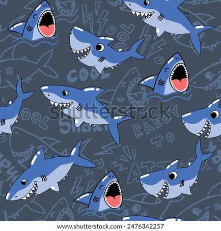 Seamless pattern with words and shark. Background for textile, fabric, stationery, kids and other design.