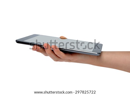 hand holding digital tablet pc on white background