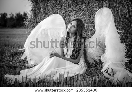 beautiful girl with angel wings is sitting front of the hay on the field in the morning.. Black and white