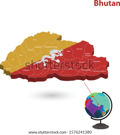 map of Bhutan and Vector illustration, 3d flags map 