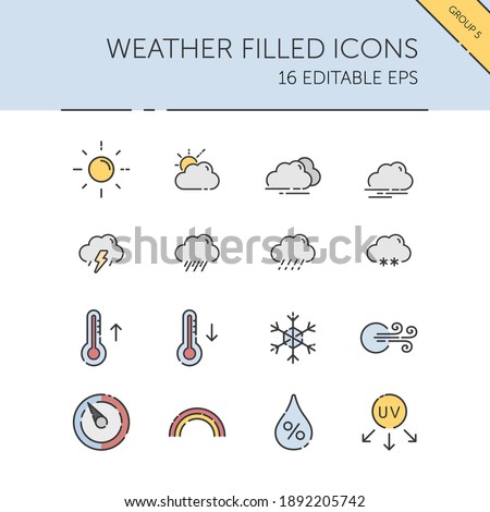 Weather and meteorology. Sun, clouds, temperature and pressure group. Color icon set. Filled vector illustration