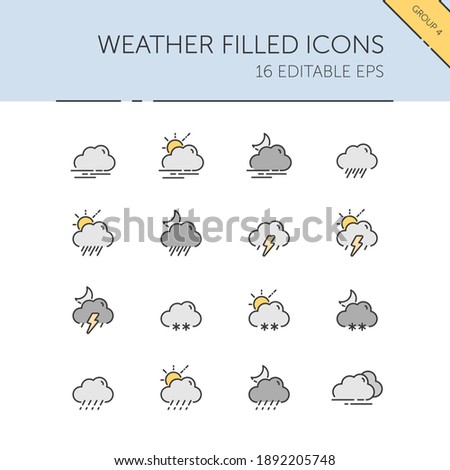 Weather and meteorology. Clouds, fog, rain, storm, snow and sleet group. Color icon set. Filled vector illustration