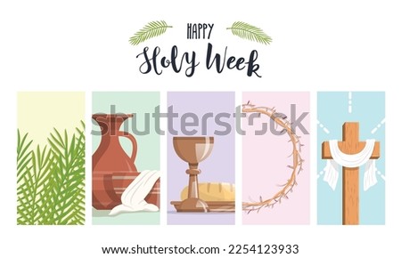 Holy Week banner with palm branches, the washing of the feet, the last supper, crown of thorns and the cross