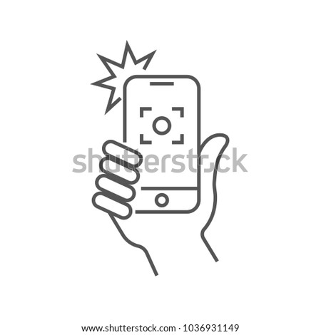 The hand hold the smartphone and photographed with a flash. Photo on smartphone. Editable Stroke