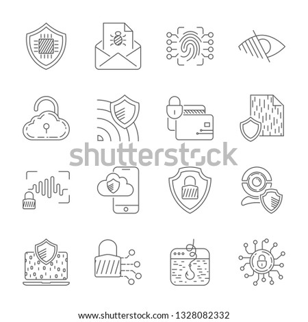 Data protection and cyber security thin line icons set. Cyber security, data and network protection. Protection technology, web services for business and internet safety.
Editable Stroke. EPS 10