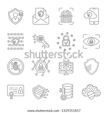 Data protection and cyber security thin line icons set. Cyber security, data and network protection. Protection technology, web services for business and internet safety.
Editable Stroke. EPS 10