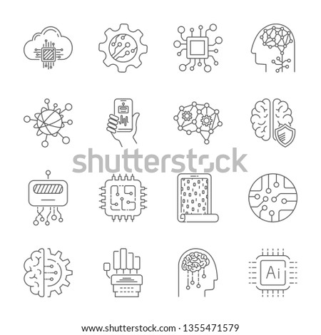 Set of Artificial Intelligence related vector line icons. AI, deep learning, robot, bot, AI Brain. Editable Stroke. EPS 10