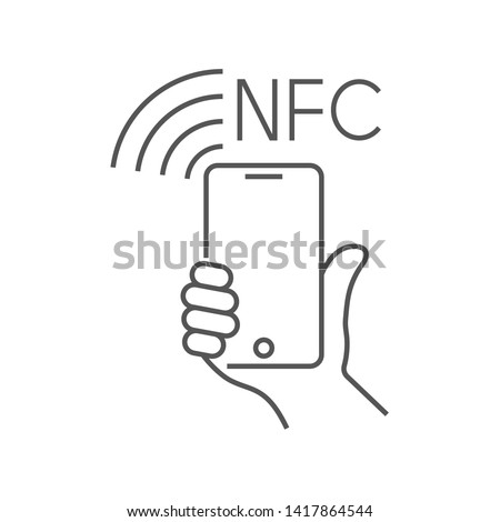 NFC technology payment, vector ounline icon. Hand and Smartphone. Contacless, wireless payment with credit plastic card, smartphone, POS terminal. Mobile pay sign. Editable Stroke. EPS 10