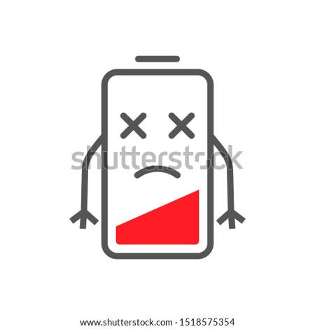 Low level energy of battery in flat cartoon style. Battery low charge symbol concept image. EPS 10