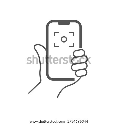 The hand hold the smartphone and doing selfie. Photo on smartphone. Editable Stroke. EPS 10.