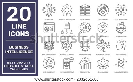 Set of 20 modern line icons related to strategy, management, system, business intelligence. business intelligence platform Simple line pictograms and infographics design symbols. Editable Stroke. EPS 