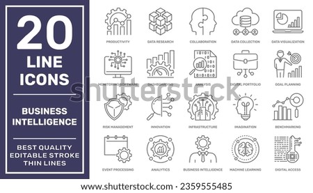 Business Intelligence - thin line vector icon set. The set contains icons: Business Strategy, Big Data, Solution, Briefcase, Research, Data Mining, Accountancy. Editable stroke. EPS 10