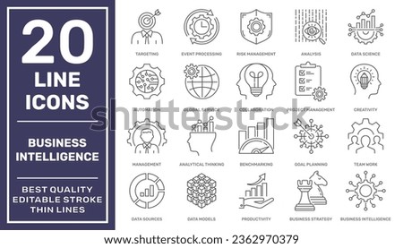 Set of business Intelligence icons, such as machine learning, data modeling, visualization, risk management and more. Business Intelligence tools in business area. UI, web, Editable stroke. EPS  10