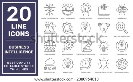 Business Intelligence and Business Management outline icon set. Contains icons such as strategy, benchmark, brainstorm, data modeling, creativity, statistic and etc. Editable Stroke. EPS 10