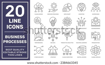 Business processes and tools. Business Intelligence and Management icons. Minimal thin line web icon set. Outline icons collection. Simple vector illustration. Editable Stroke. EPS 10
