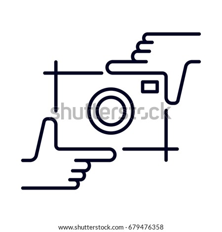 Hands holding photo camera shutter. Photography and photo studio hand drawn logo sketch. Vector design element, business sign, logo, identity, branding for business. Editable stroke.