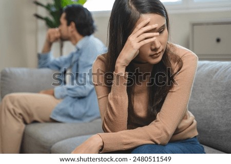 Breakup and depressed, asian young quarrel couple love fight relationship in trouble. Different people are emotion angry. Argue wife has expression upset with husband. Problem of family people.