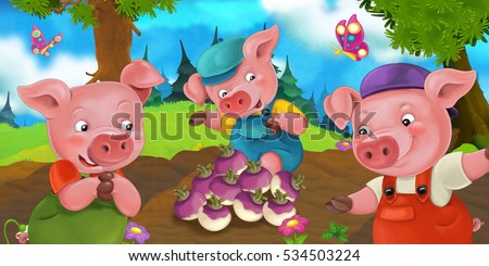 Cartoon Happy And Funny Farm Scene With Cheerful Pigs Looking At ...