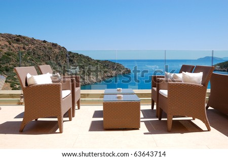 Sea view relaxation area of luxury hotel, Crete, Greece