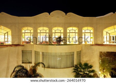 Building of the luxury hotel in night illumination, Sharm el Sheikh, Egypt
