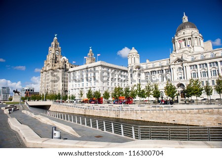 Liverpool city centre - Three Graces, buildings on Liverpool\'s waterfront, UK