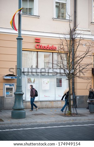 VILNIUS - OCTOBER 28: Citadele Bank branch in Gediminas Avenue on October 28, 2013 in Vilnius, Lithuania. Bank Citadele is the largest local bank in Latvia with branch offices in other countries.