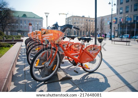 VILNIUS-APR 19: Bikes for rent at the city self-serve bike station on Apr. 19, 2014 in Vilnius, Lithuania. Cyclocity Vilnius is a self-service bike rental system open to everyone from 14 years of age.