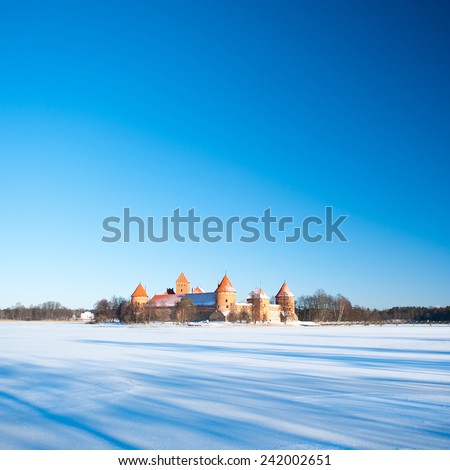 Trakai Castle in winter - Island castle in Trakai is one of the most popular tourist destinations in Lithuania, houses a museum and a cultural centre.