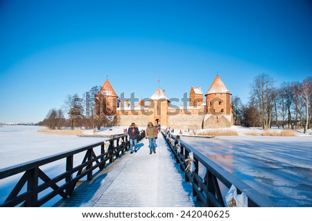 TRAKAI, VILNIUS - JAN 6: Trakai Castle in winter - Island castle on Jan. 6, 2015 in Trakai, Vilnius, Lithuania. Trakai Castle is one of the most popular tourist destinations in Lithuania.