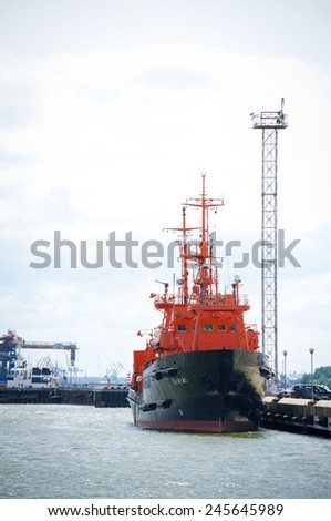 KLAIPEDA - JUNE 1: Lithuanian Naval Force Search and Rescue (SAR) ship \'SAKIAI\' in Klaipeda Harbour on June 1, 2014 Klaipeda, Lithuania. Vessel \'Sakiai\' has modern SAR and pollution control equipment.