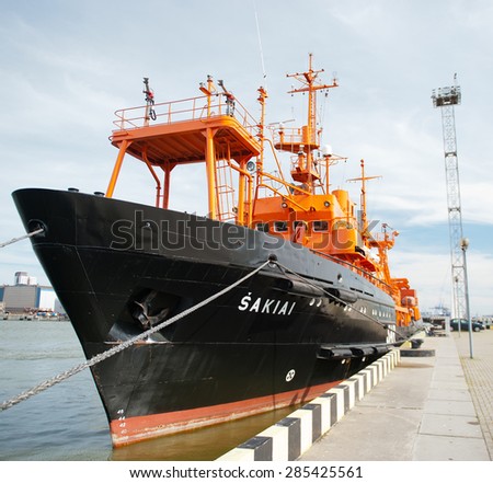 KLAIPEDA - JUNE 7: Lithuanian Naval Force Search and Rescue (SAR) ship \'SAKIAI\' in Klaipeda Harbour on June 7, 2015 Klaipeda, Lithuania. Vessel \'Sakiai\' has modern SAR and pollution control equipment.