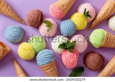 Similar – Image, Stock Photo Ice cream scoop and waffle cones on table